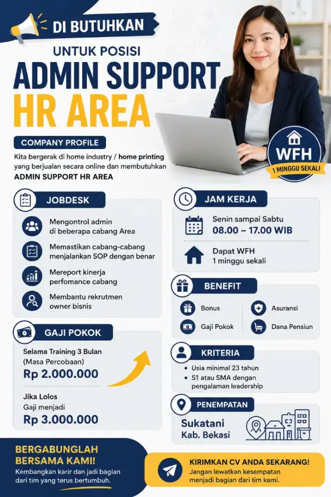 Di butuhkan 
Untuk posisi ADMIN SUPPORT HR AREA
