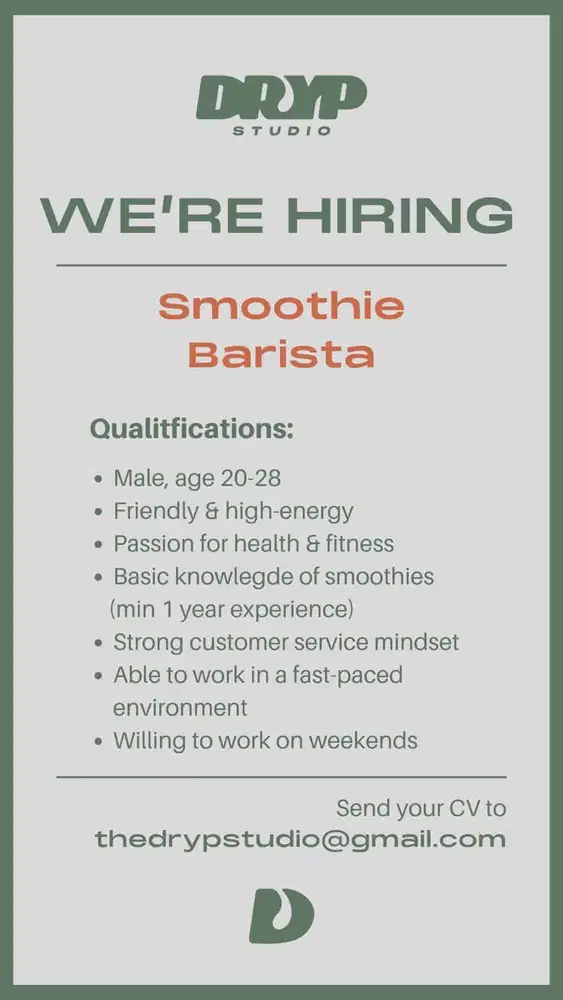 Dicari Smoothie Barista di Gym Jakarta Selatan
