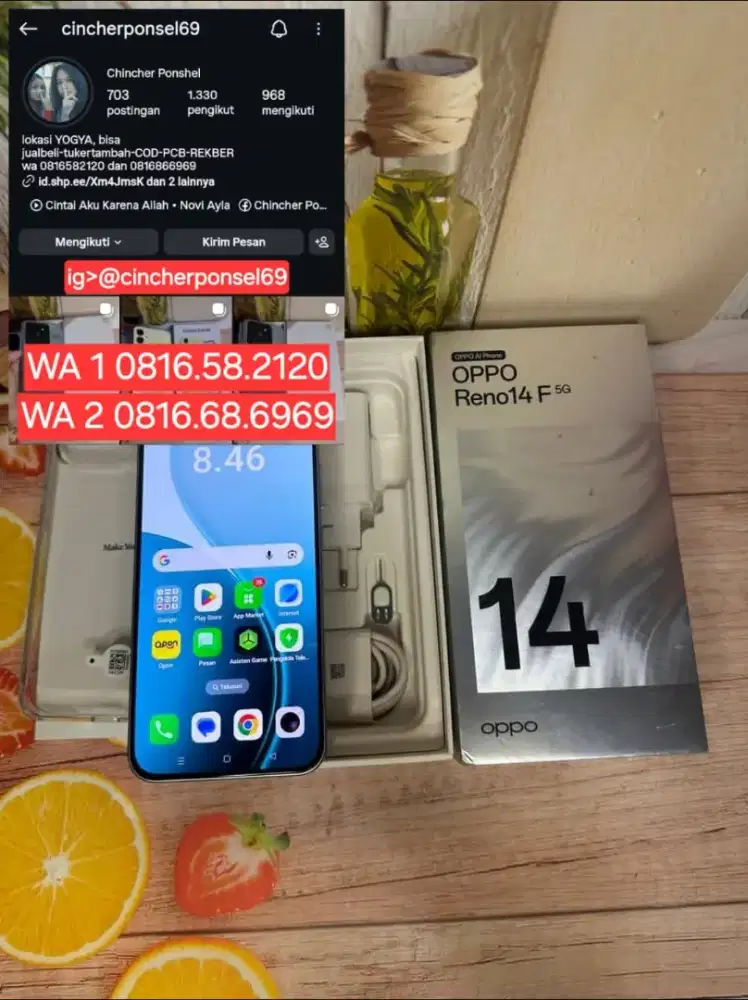 Jual hp LIKENEW oppo reno 14f 5g 8/256 istimewa grns masih lama