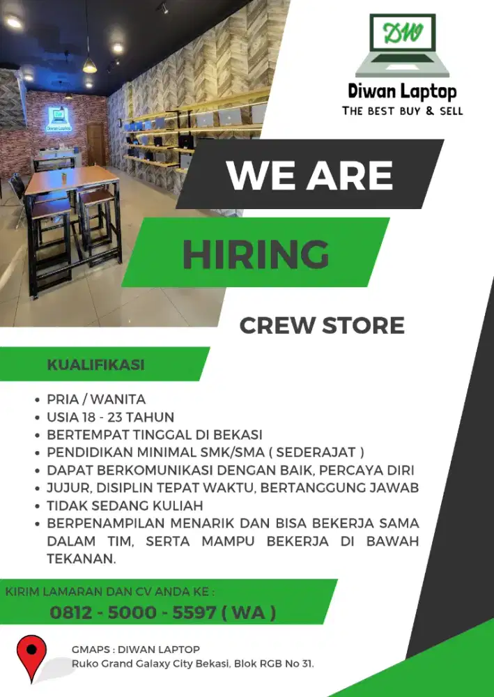DIbutuhkan Segera Lowongan Kerja Crew Store Diwan Laptop