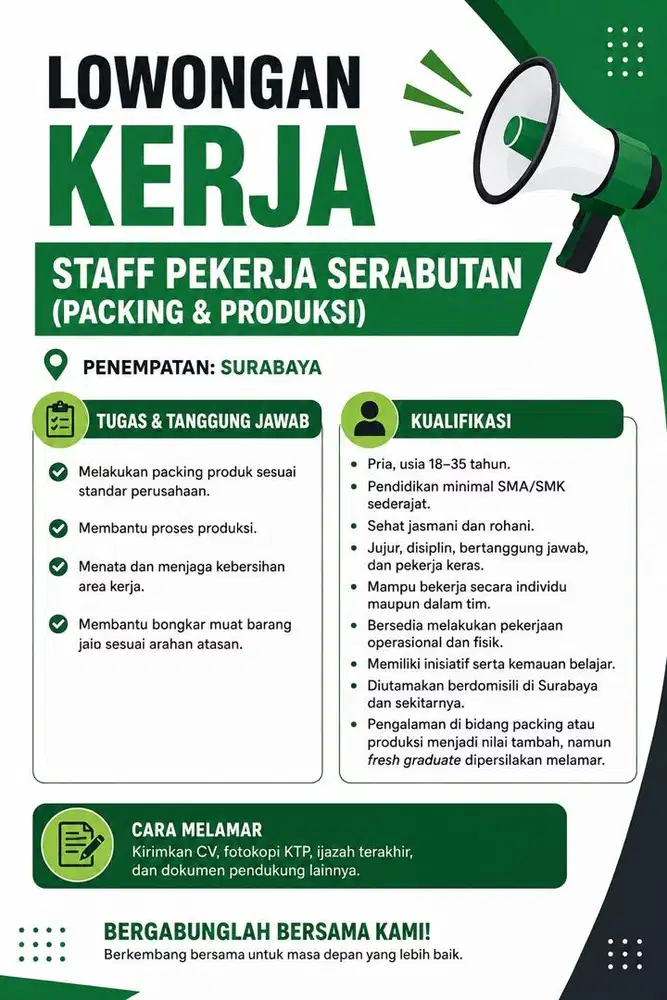 Staff pekerja serabutan packing dan produksi