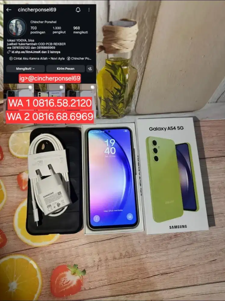 Jual hp LIKENEW samsung A54 5g 8/256 istimewa siap pakai free ADAPTOR