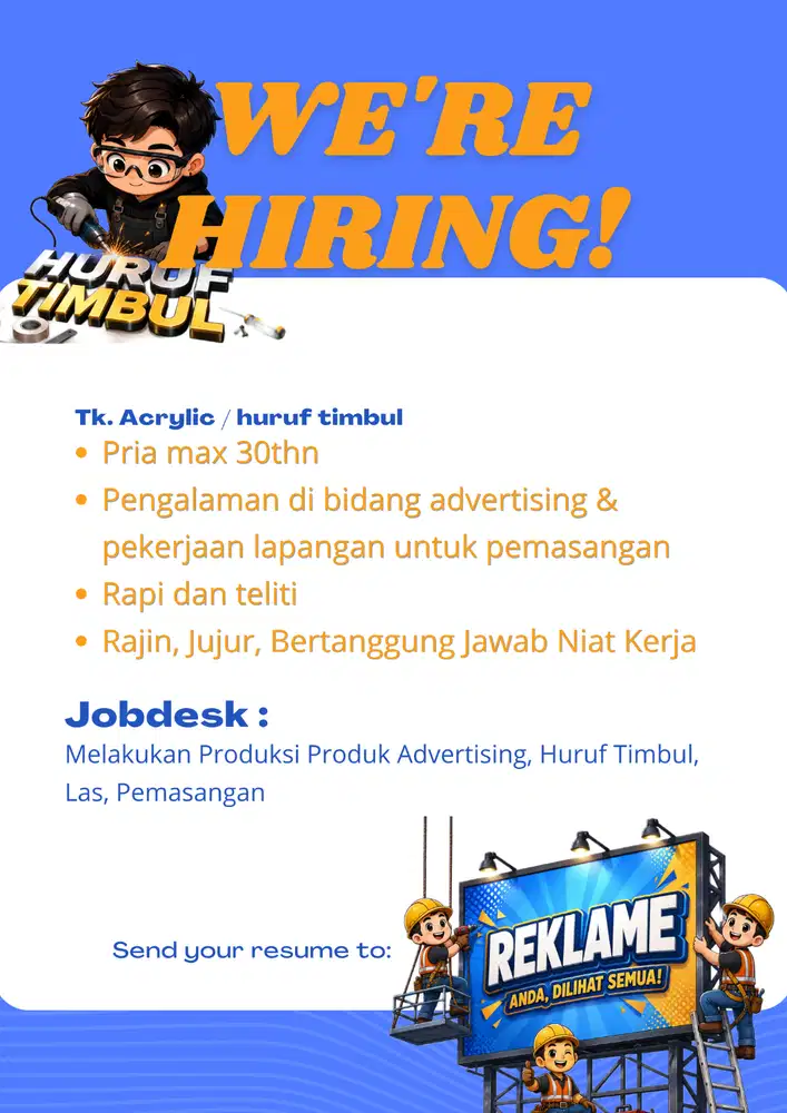 Lowongan Kerja Bagian Produksi Advertising ( Neon Box / Huruf Timbul )