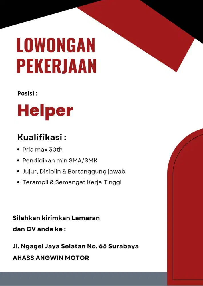 DICARI CEPAT HELPER UNTUK BENGKEL HONDA (AHASS)