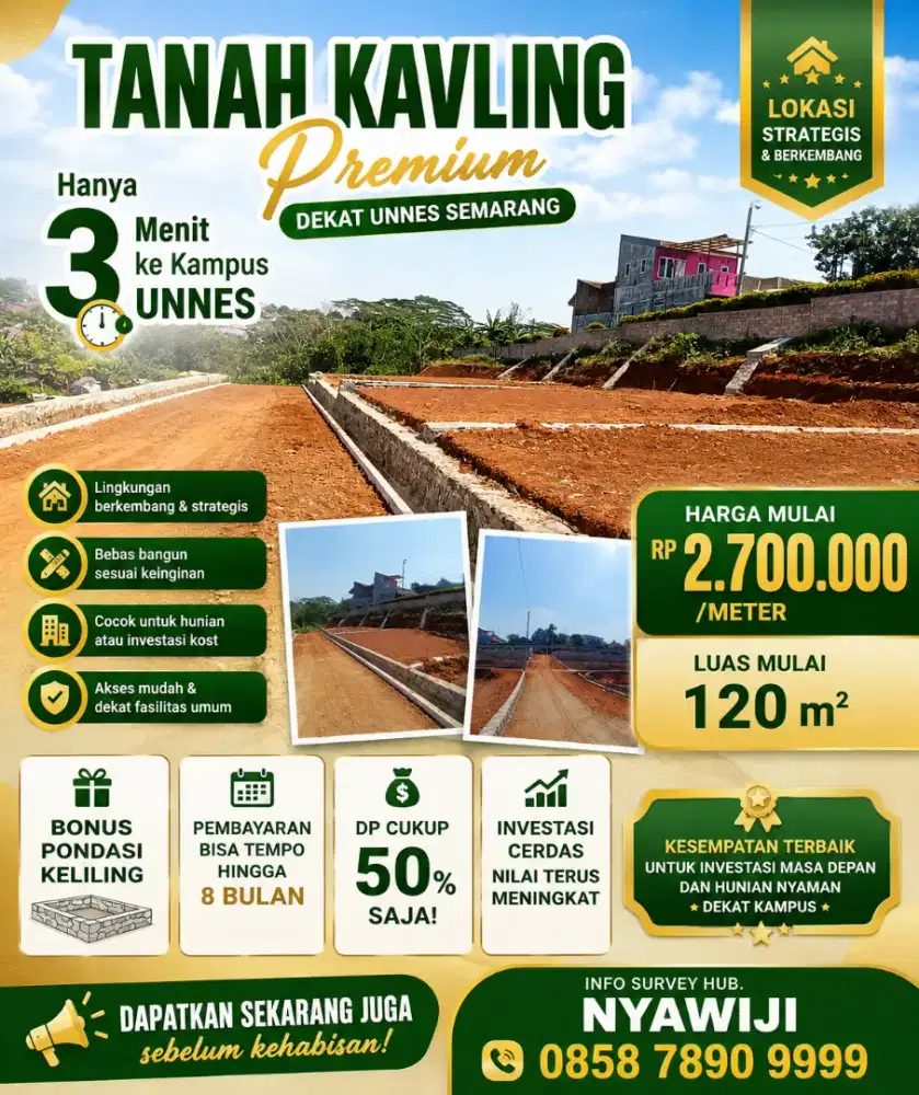TANAH PREMIUM COCOK INVESTASI USAHA KOST DI UNNES