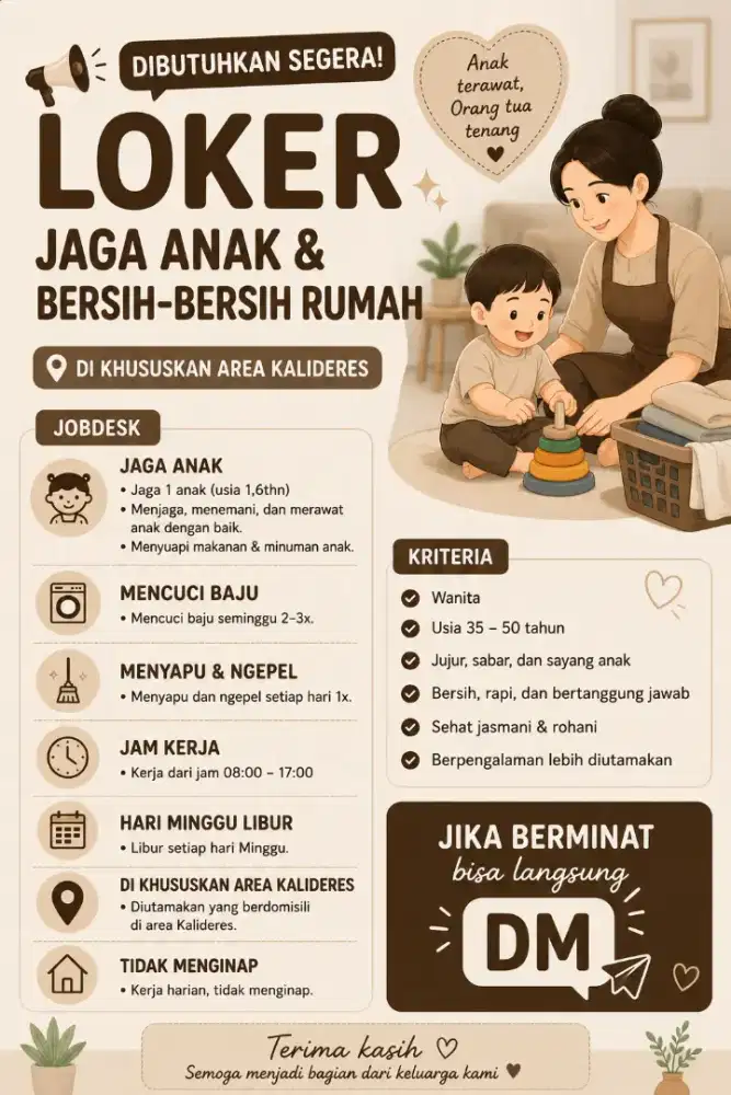 Loker Jaga Anak & Bersih Rumah | Kalideres | Tidak Menginap