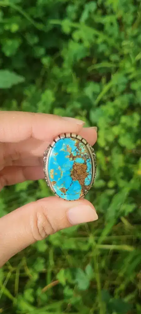 Cincin Batu Pirus Natural Oval Biru Ring Alpaka Ukuran 9