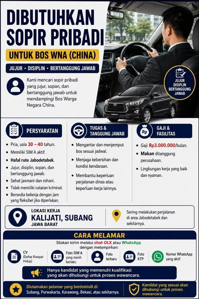 Dibutuhkan Sopir Pribadi untuk Bos WNA (China)