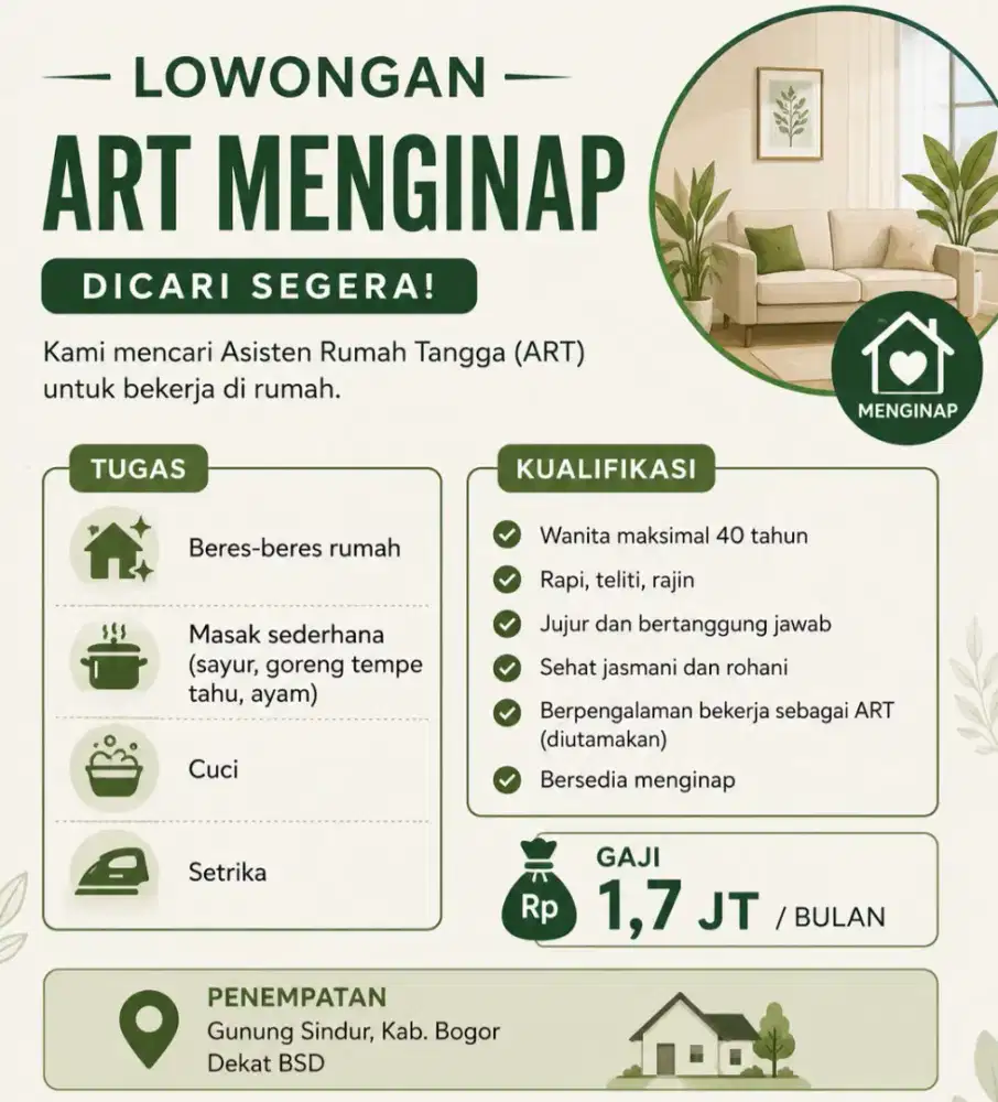 Lowongan kerja ART Asisten Rumah Tangga menginap Bogor Gunung sindur