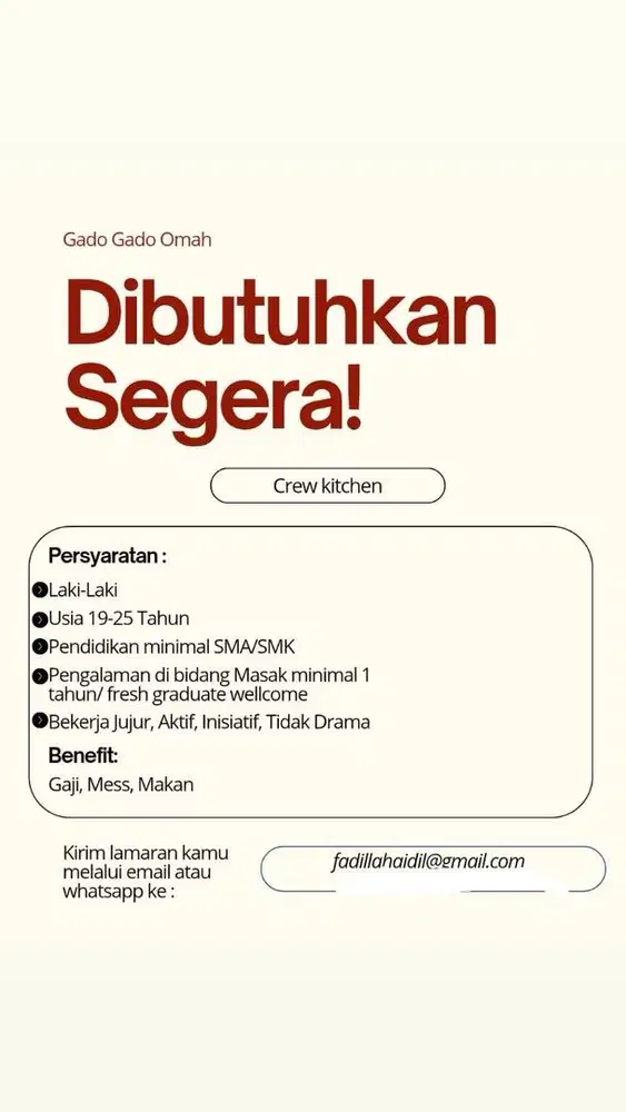 Lowongan Pekerjaan Crew Kitchen