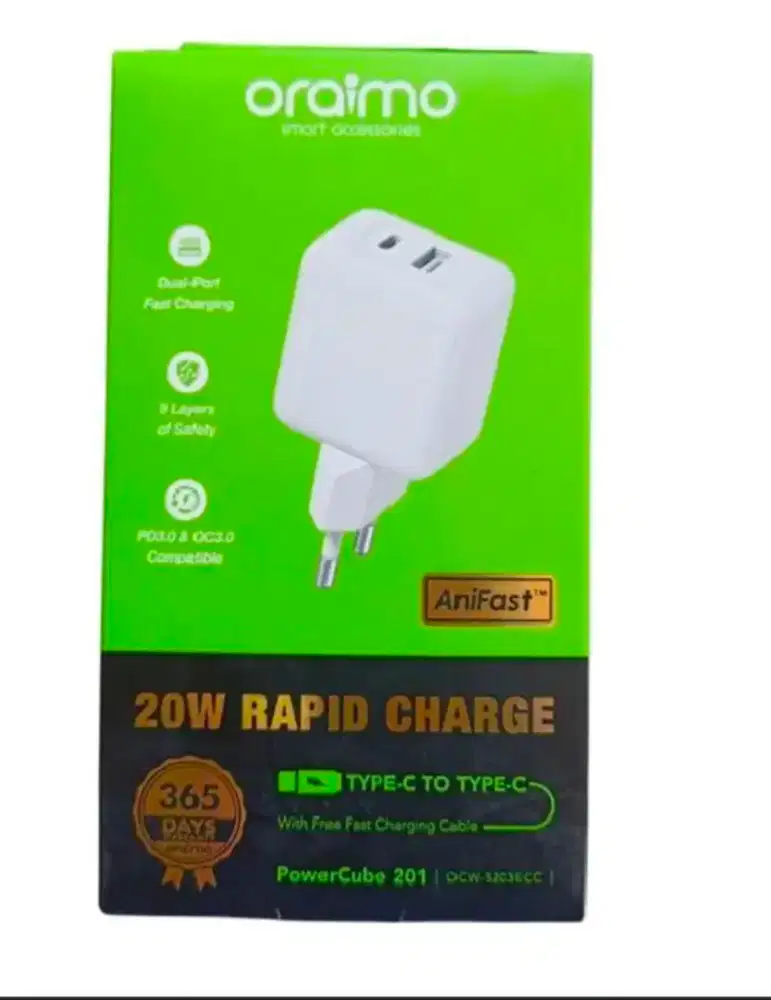 Charger oraimo 20wdual ports Rapid fast charging type -c  201OCW-5103