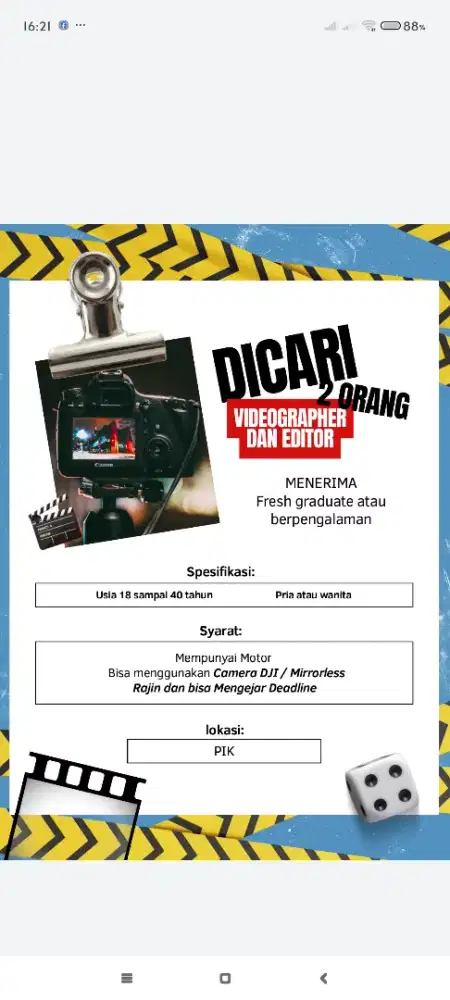 Dibutuhkan Videographer + Editor
