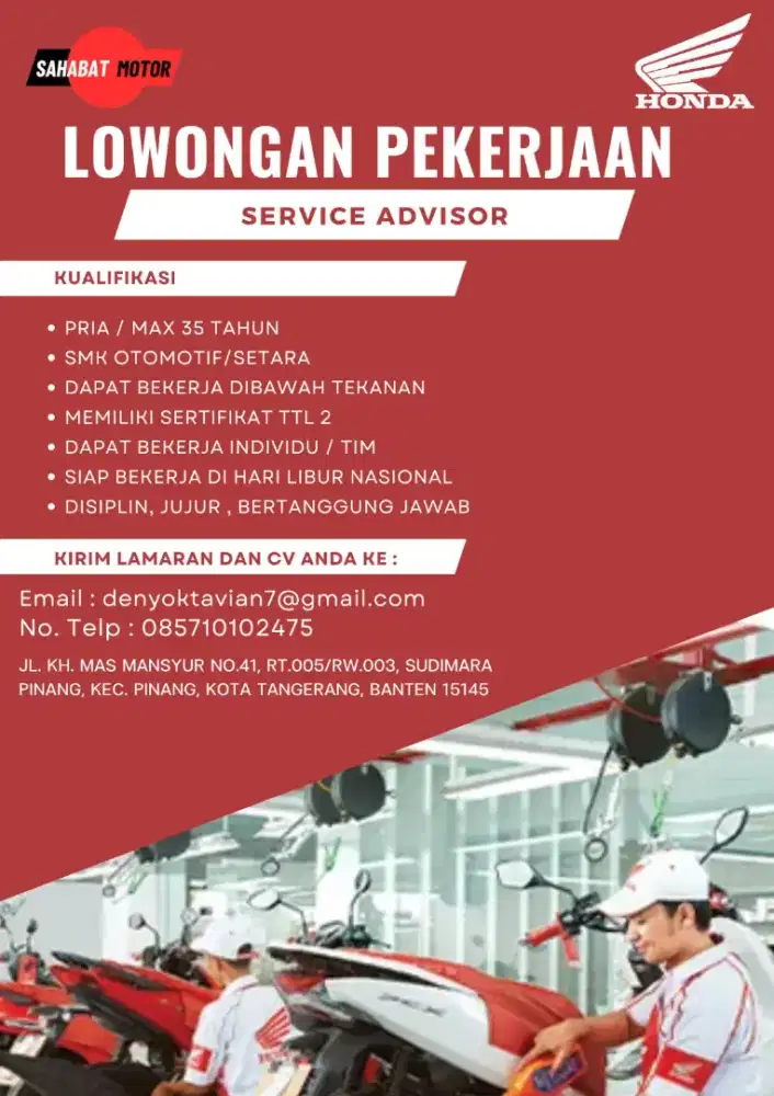 Loker untuk Service Advisor, Partman dan Office Boy(OB)