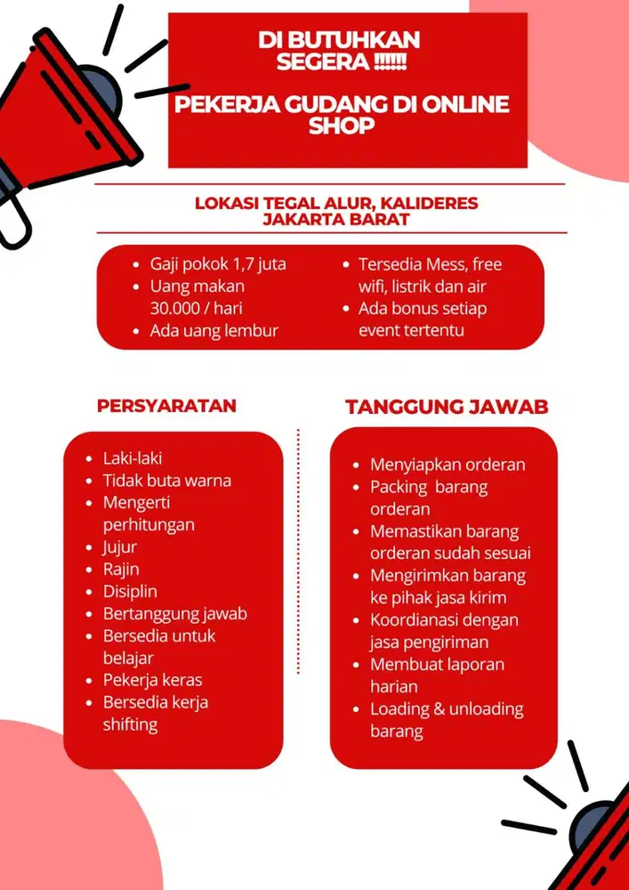 DI BUTUHKAN SEGERA PEKERJA GUDANG DI DAERAH TEGAL ALUR KALIDERES