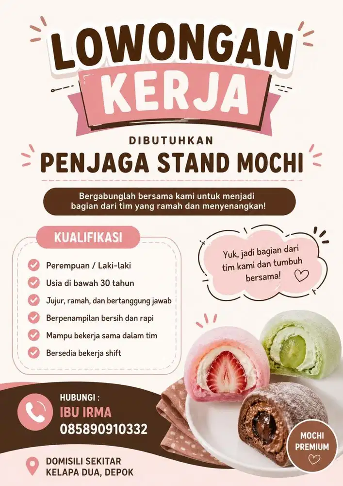 Di butuhkan cepat pegawai jaga stand mochi