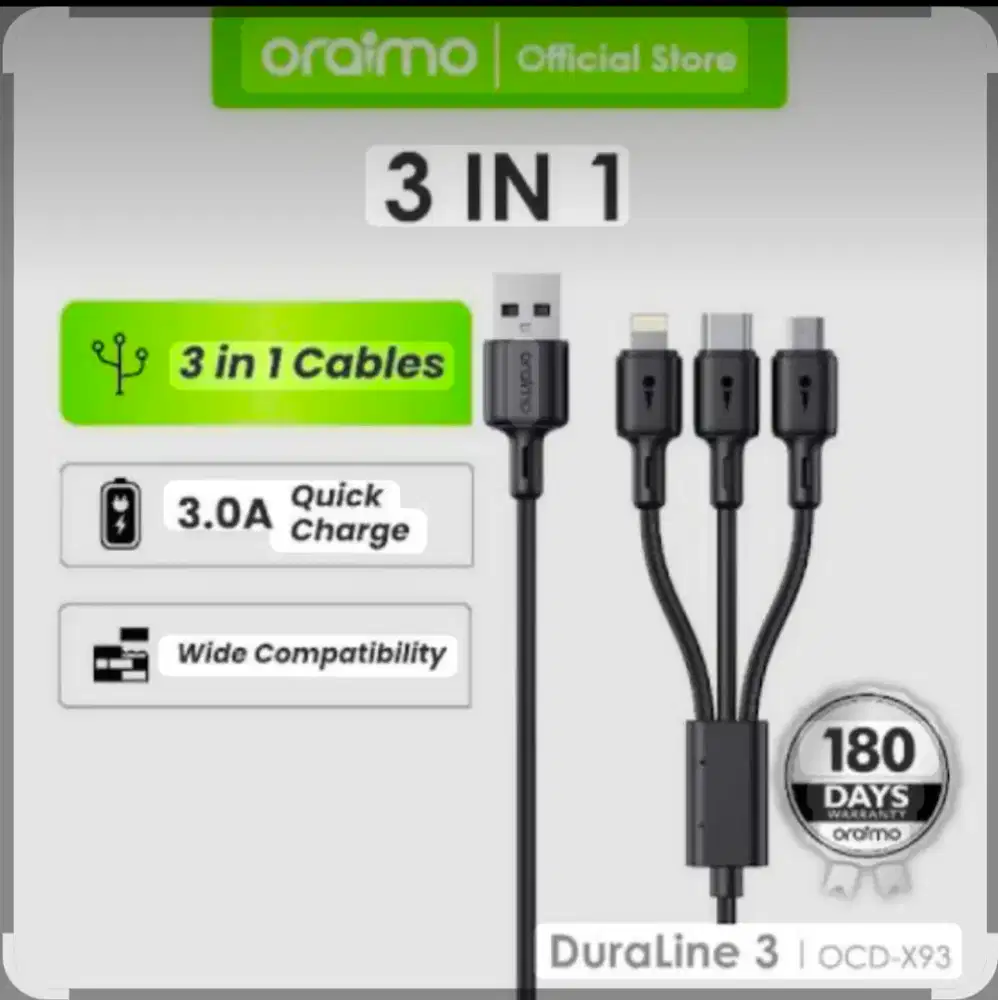 Kabel data fast charging 3in1 type c micro & iPhone Lightning OCD-X93
