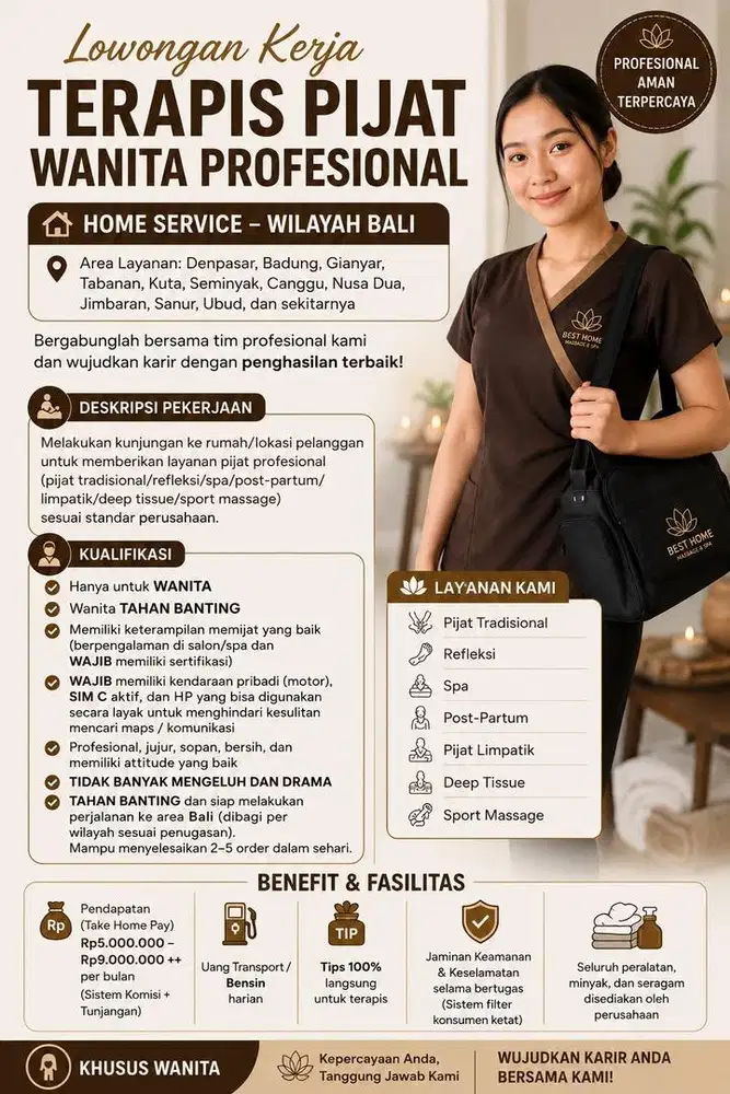 LOWONGAN PEKERJAAN THERAPIST PIJAT BALI (WANITA)