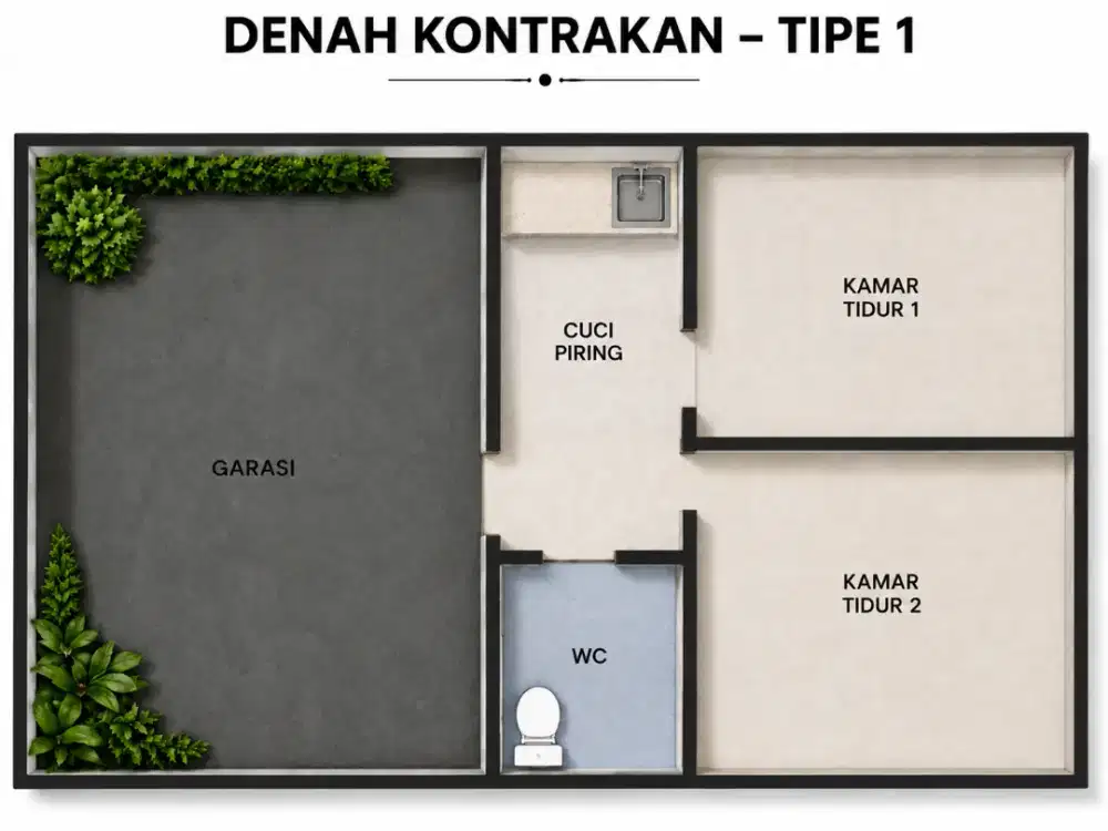 Rumah Petak 2 Kamar, per 3 Bulan