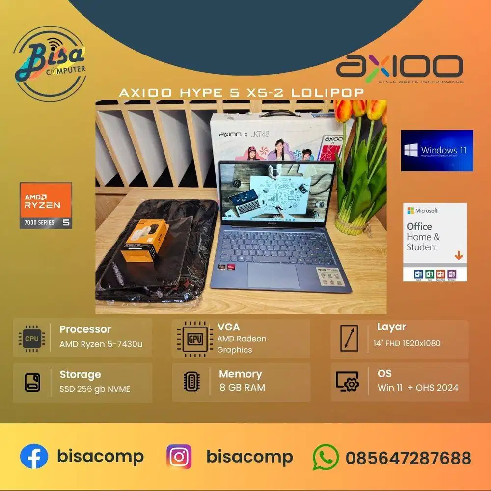 Axioo Hype 5 X5-2 Lolipop AMD Ryzen 5-7430u SSD 256gb Ram 8gb 14inchFH