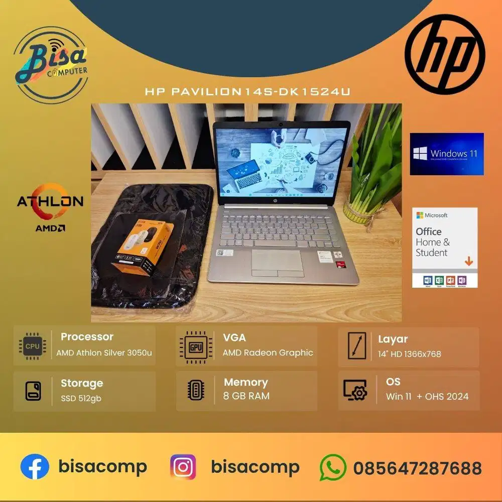 HP Pavilion 14s-DK1524U AMD Athlon Silver 3050u SSD 512gb Ram 8gb 14in