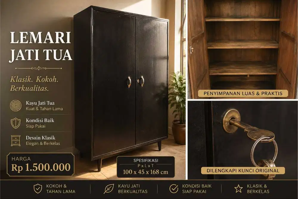 Lemari Jati Klasik 2 Pintu Kayu Solid Kondisi Bagus