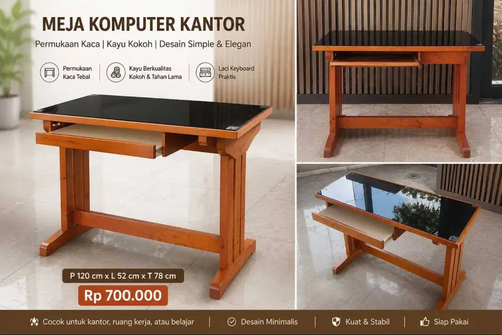 Meja Komputer Kantor Kayu Kaca 120 cm Ada Laci Keyboard Kokoh