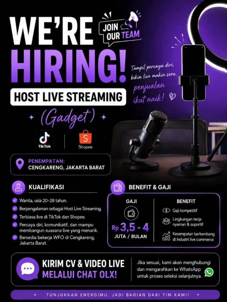 ‼️Host Live Streaming Gadget Wanita | Gaji Rp3,5  –4 Juta | Cengkareng‼️