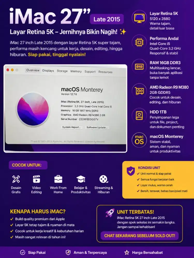 Jual BU Spek Tertinggi iMac 27 inch late 2015,5k retina eyes