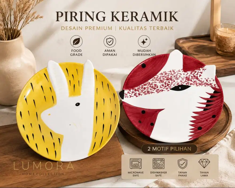 Piring Keramik Premium Motif Kelinci & Rubah Food Grade Estetik