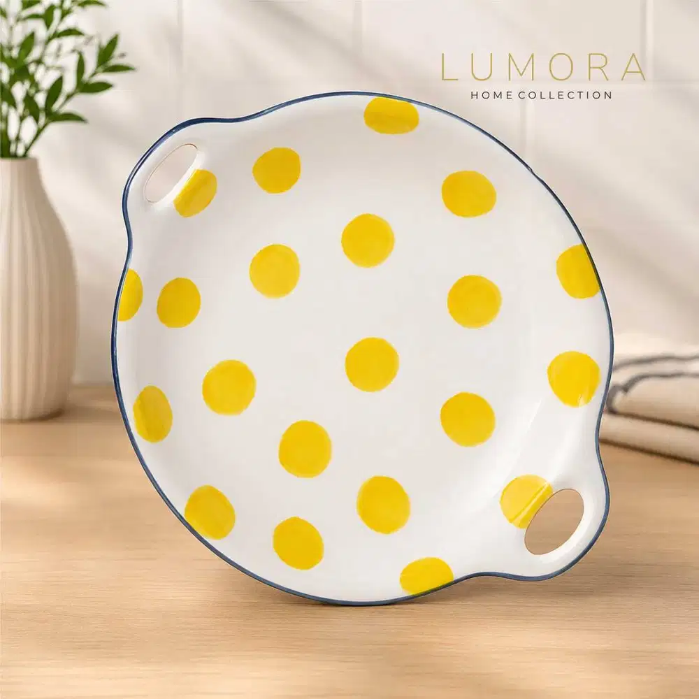 Piring Saji Keramik Premium Polkadot Kuning Handle Elegan Baru