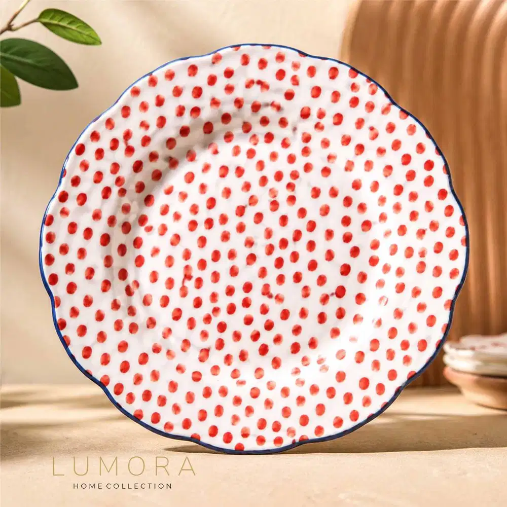 Piring Keramik Premium Motif Polkadot Merah 3 pcs Food Grade