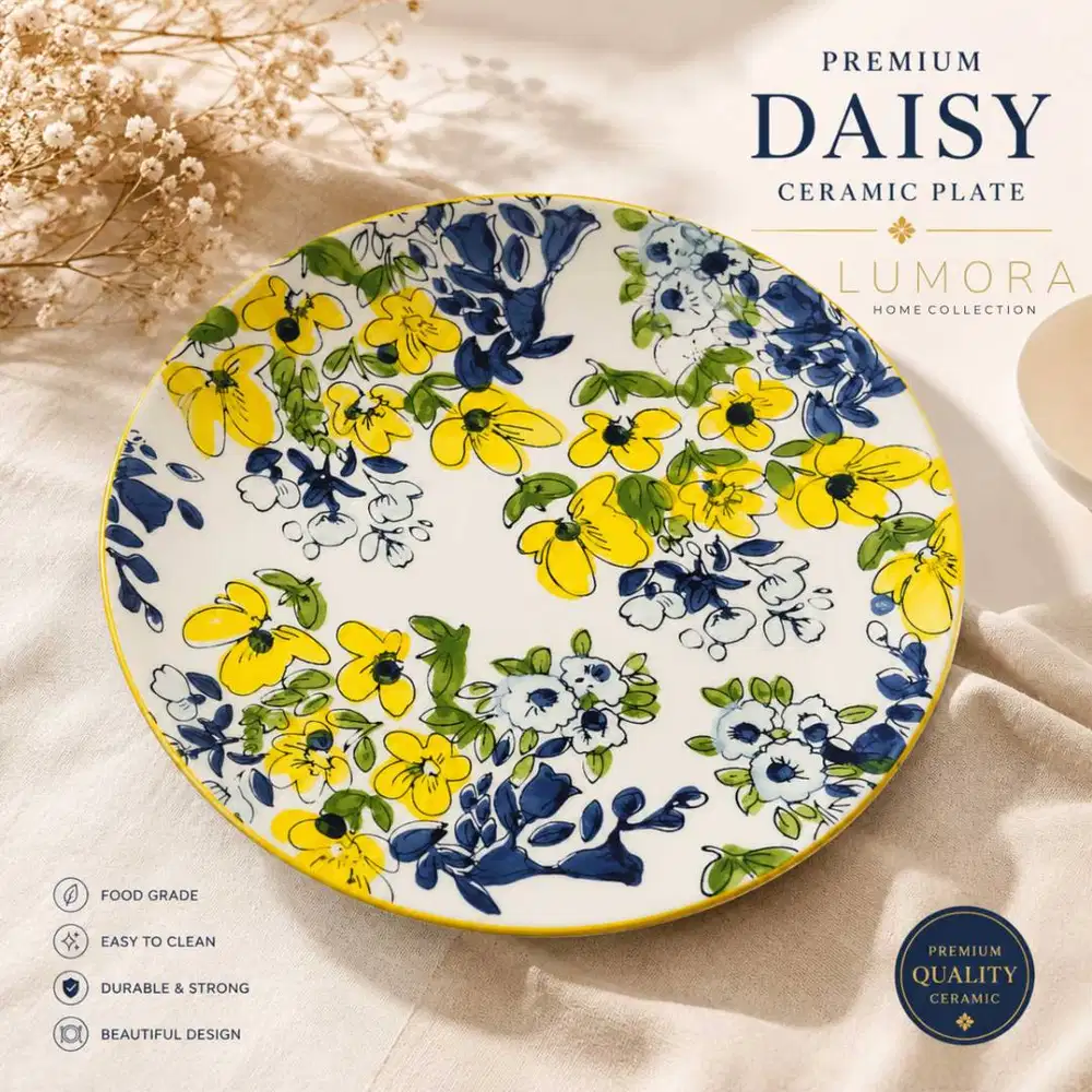 Piring Keramik Premium Motif Daisy Floral Food Grade Baru