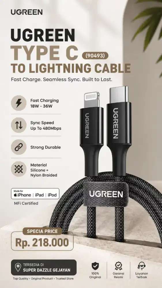 UGREEN TYPE C TO LIGHTNING CABLE MFI (1M) / 90493
