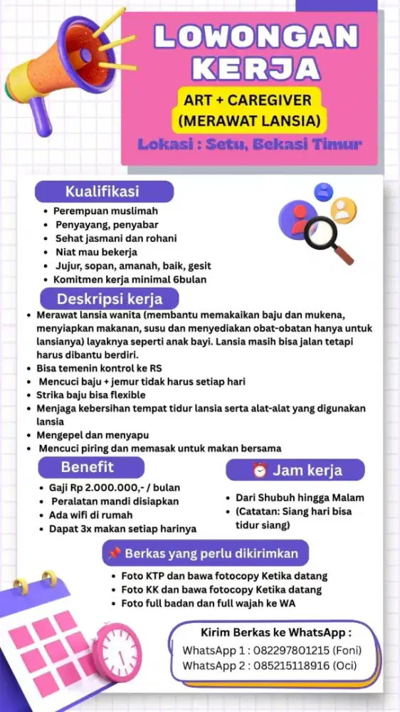Lowongan ART dan jaga lansia di kab bekasi
