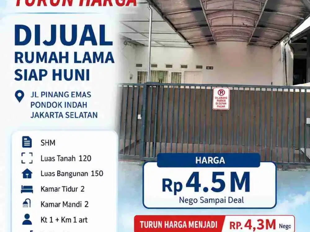 22-104 
UPDATE TURUN HARGA
DIJUAL RUMAH LAMA SIAP HUNI JL PINANG EMAS PONDOK INDAH JAKARTA SELATAn