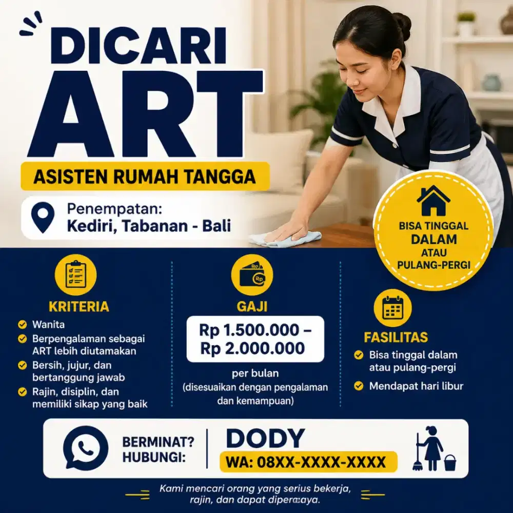 DICARI ASISTEN RUMAH TANGGA (ART)