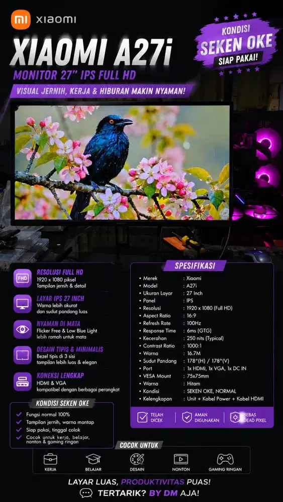 monitor 27inch xiaomi a27i seken kondisi ok
