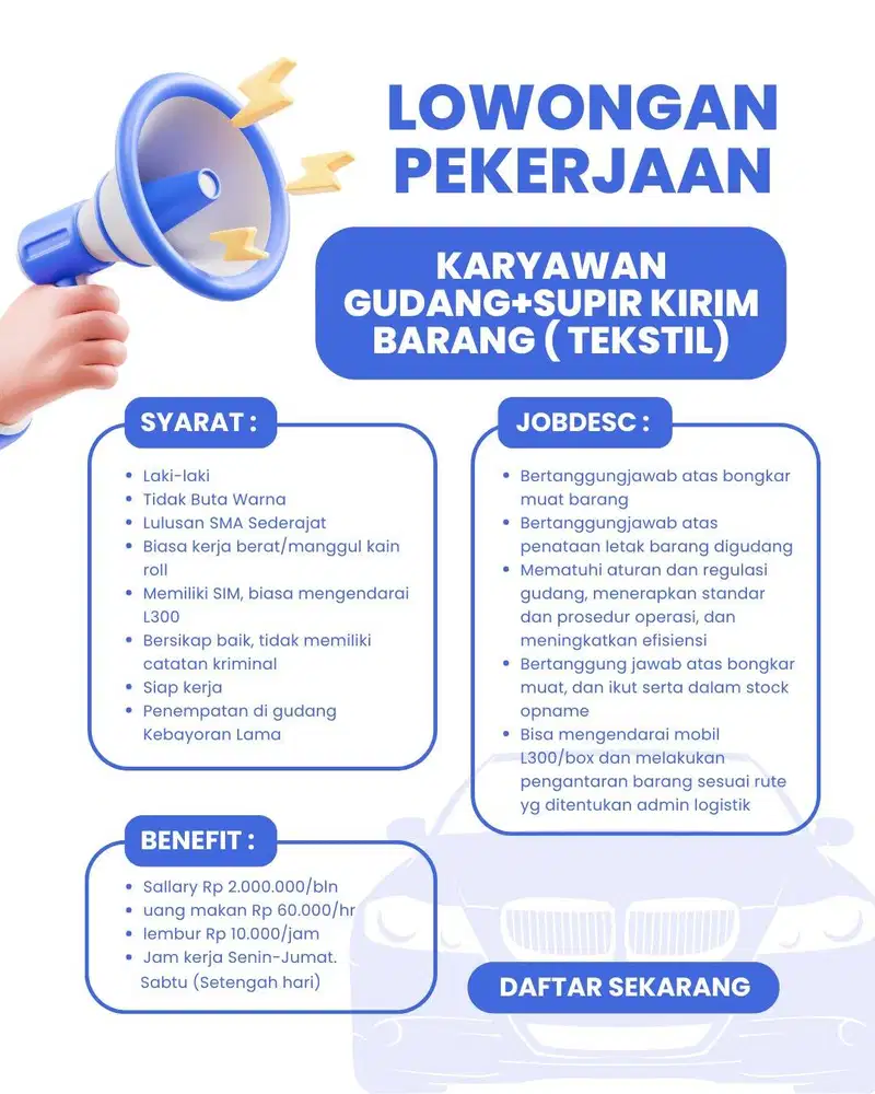 Lowongan Kerja Karyawan Gudang+Supir Kirim Barang ( Tekstil)