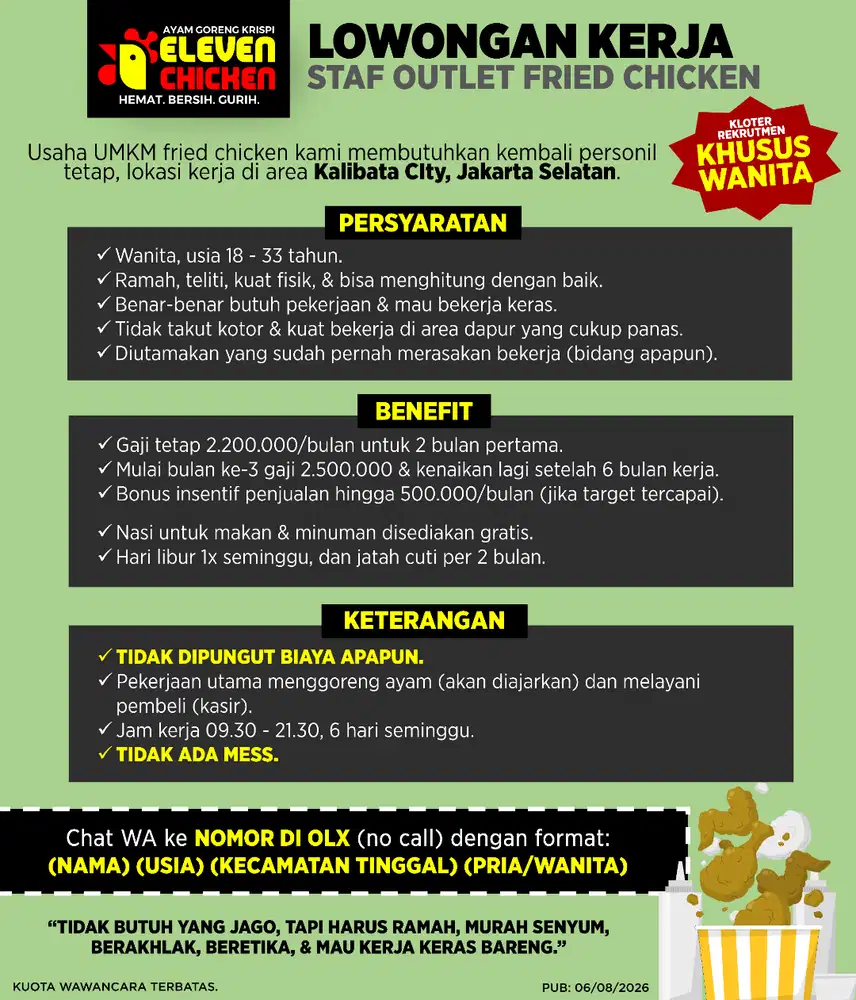 Lowongan Kerja Staf Fried Chicken Wanita Kalibata Jakarta Selatan