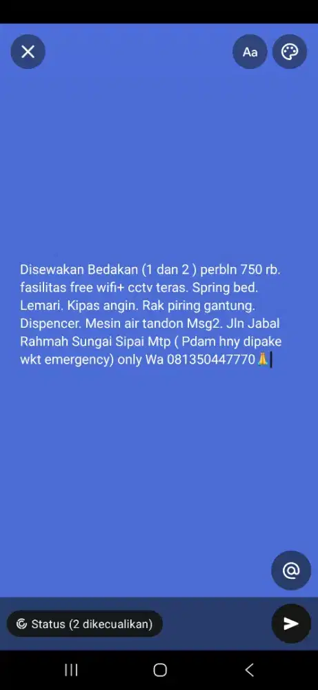 Disewakan Bedakan R2 Jln Jabal Rahmah Sungai Sipai Martapura