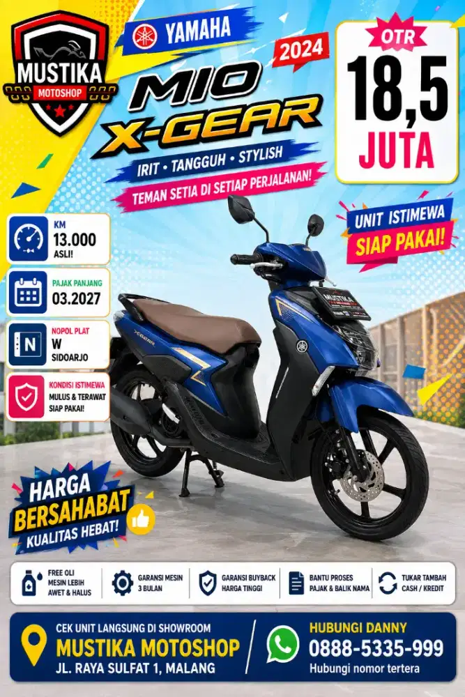Km 13rb‼️Yamaha Mio Gear 2024. Plat W SDA. DANNY Mustika Malang
