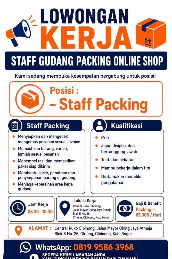 Lowongan STAFF GUDANG PACKING Online Shop