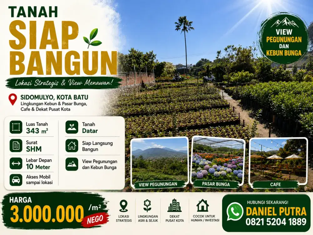 Tanah SHM 343m² di Sidomulyo Kota Batu – Kawasan Wisata Bunga & Cafe, Dekat Pusat Kota