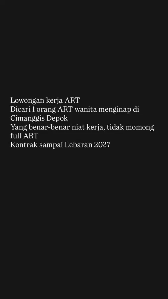 Lowongan ART wanita 1 orang menginap