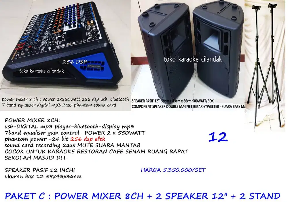 paket speaker 12 inch dan mixwr 8 chennel + 2 stand