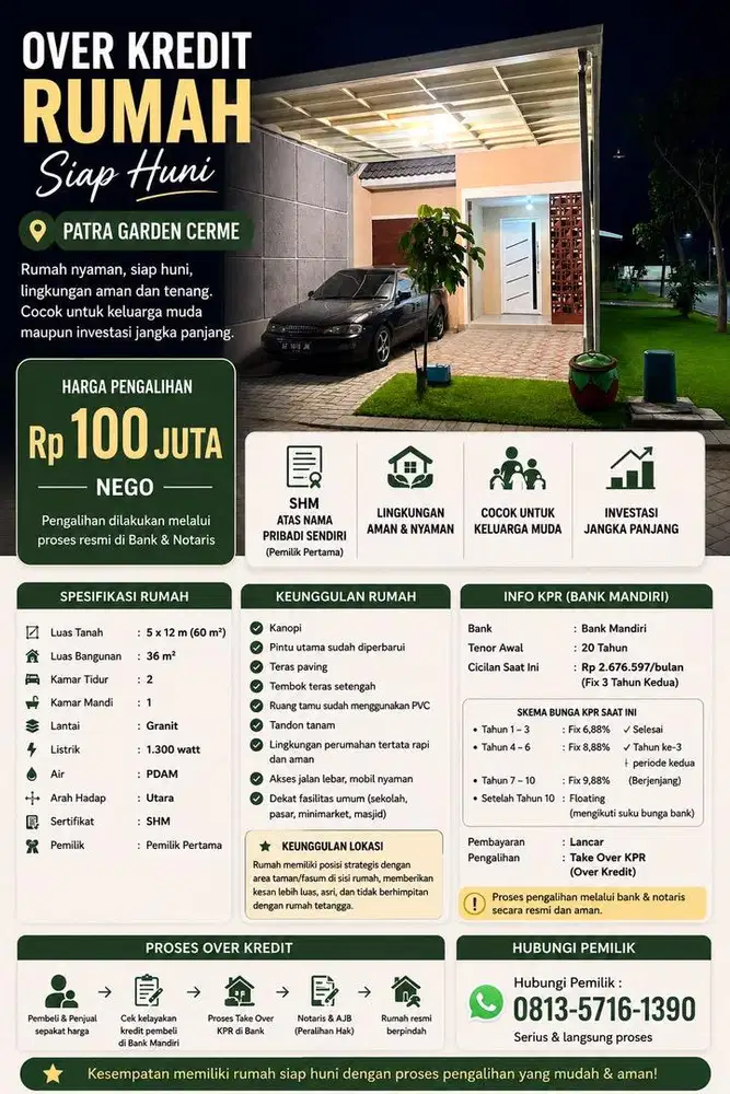 OVER KREDIT RUMAH PATRA GARDEN CERME GRESIK - SHM, 2KT, SIAP HUNI