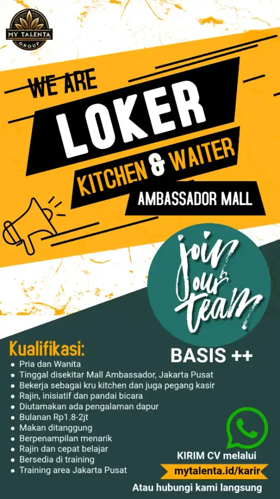 Lowongan pria/ wanita untuk waiter, kasir, dapur di ambassador mall
