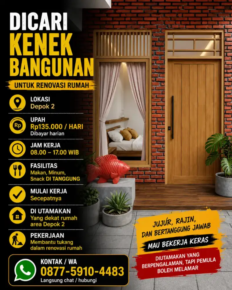 DICARI KENEK BANGUNAN HARIAN – DEPOK 2 – GAJI Rp135.000/HARI