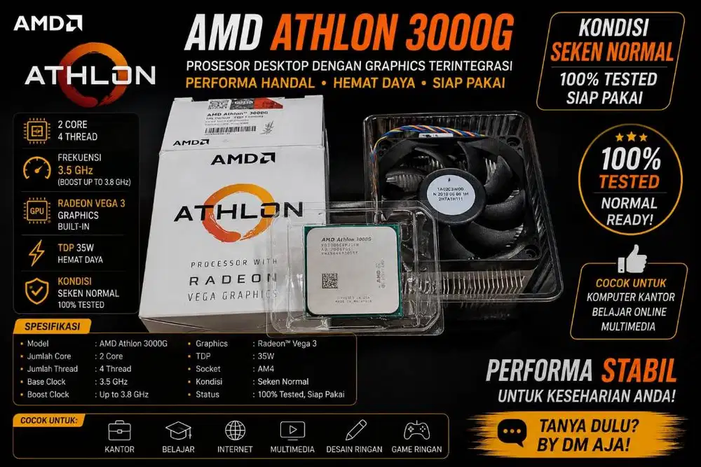 Prosesor AMD Athlon 3000G AM4 Bekas lengkap dosbook dan fan