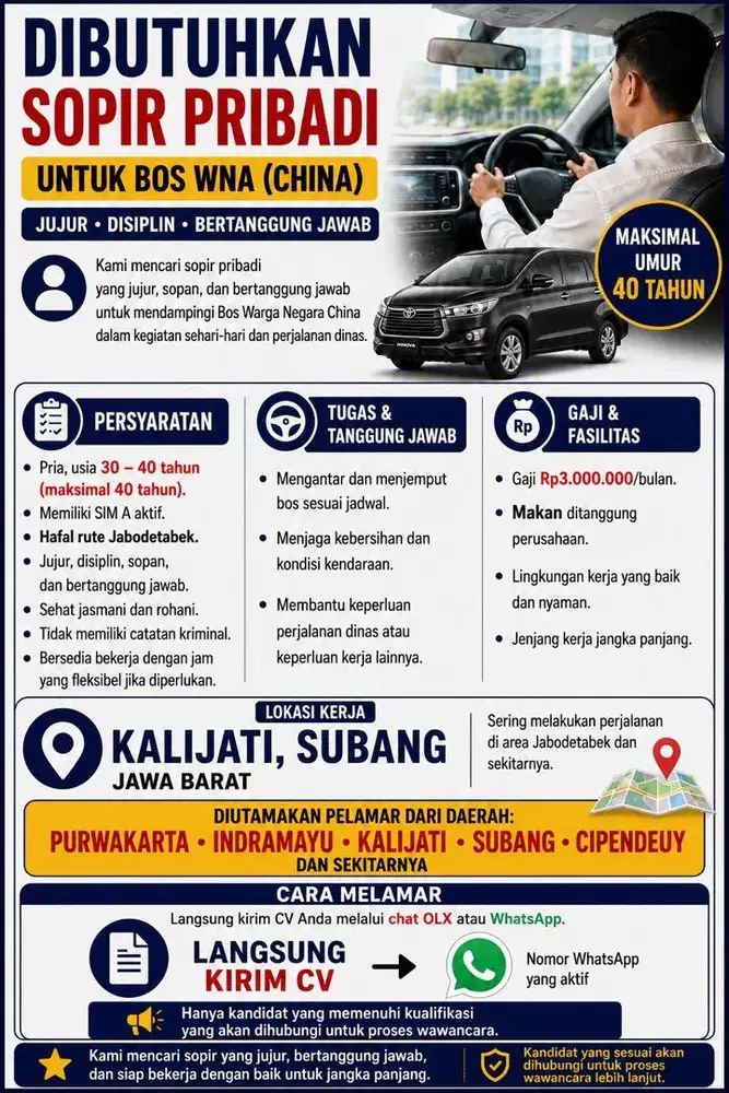Dibutuhkan Sopir Pribadi untuk Bos WNA (China)